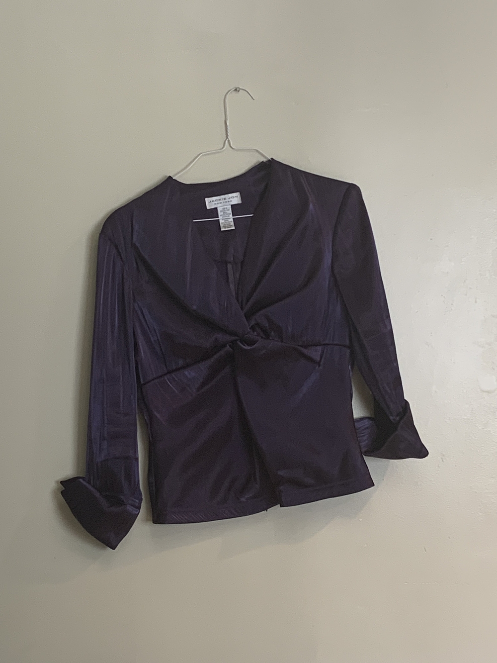 Knot-Front Satin Long-Sleeve Top - Deep Purple